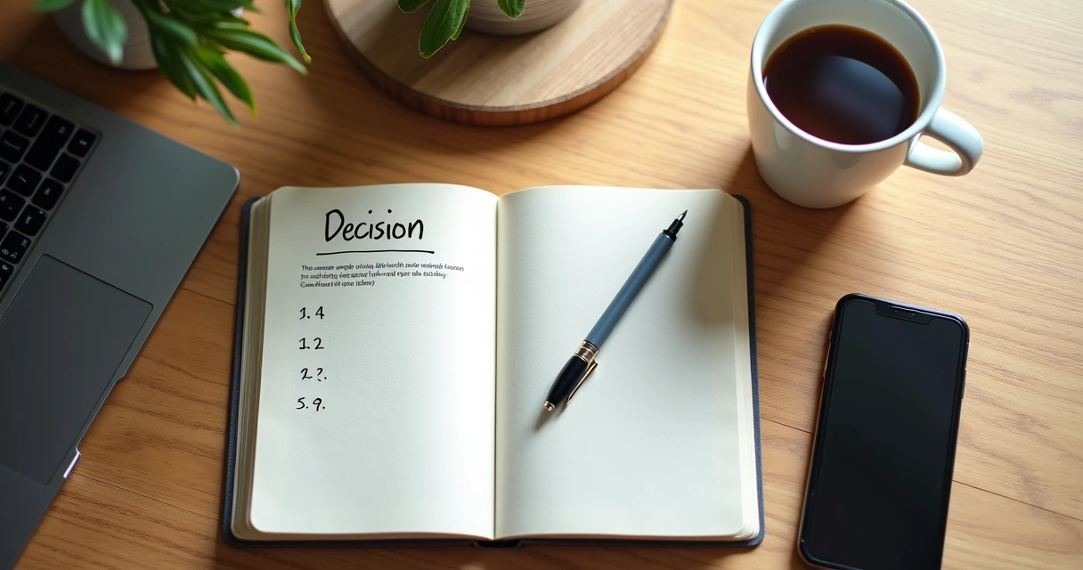 Cuaderno con lista de decisiones y taza de café sobre escritorio