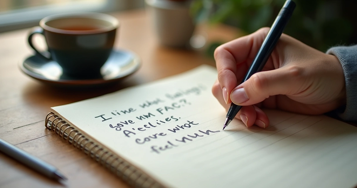 Mano escribiendo emociones en un cuaderno junto a una taza