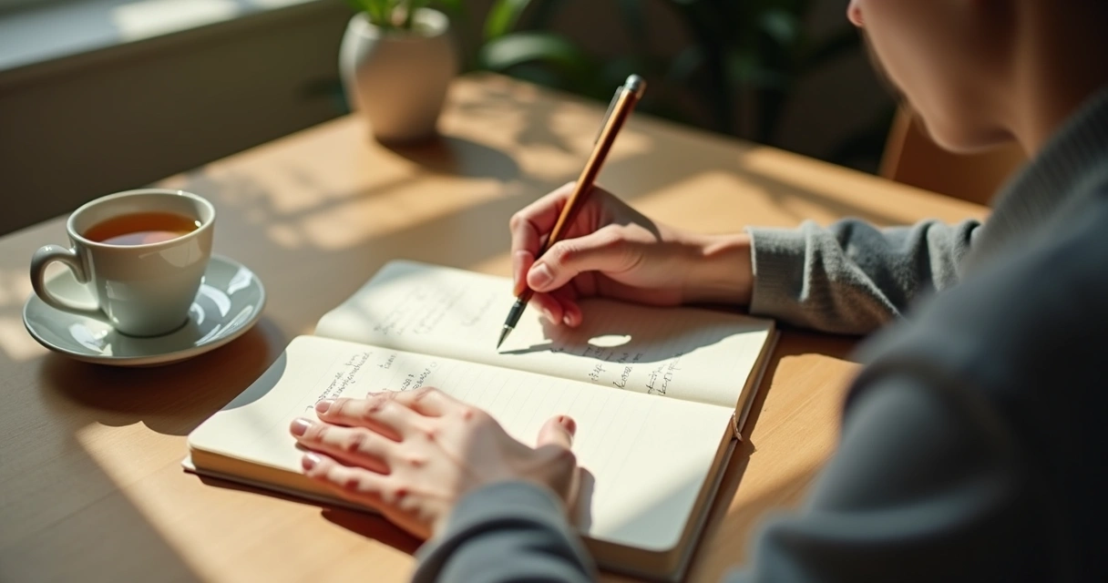Cuaderno abierto con manos escribiendo en reflexión emocional