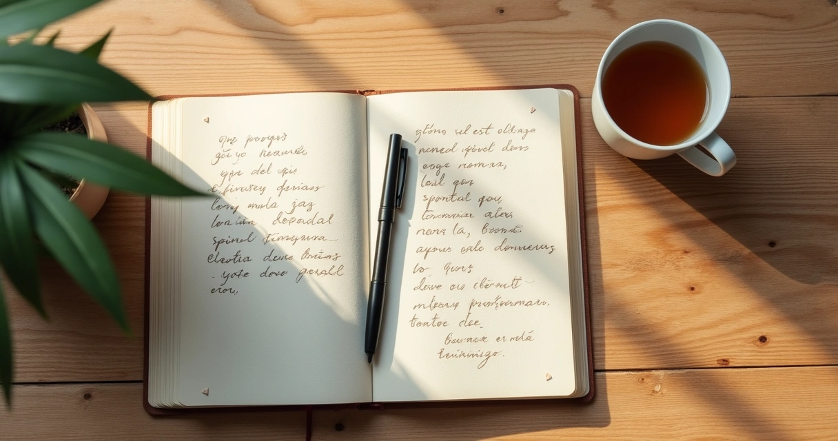 Cuaderno abierto con notas de reflexión junto a taza