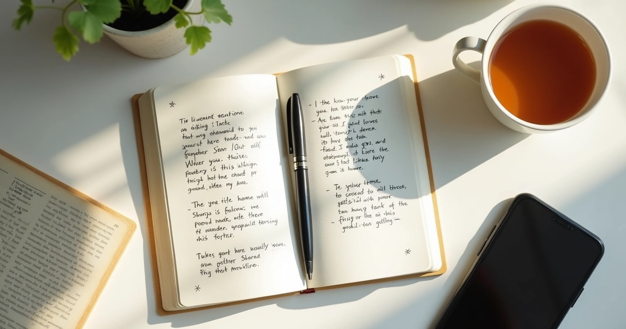 Cuaderno con notas de reflexión y taza sobre mesa clara 