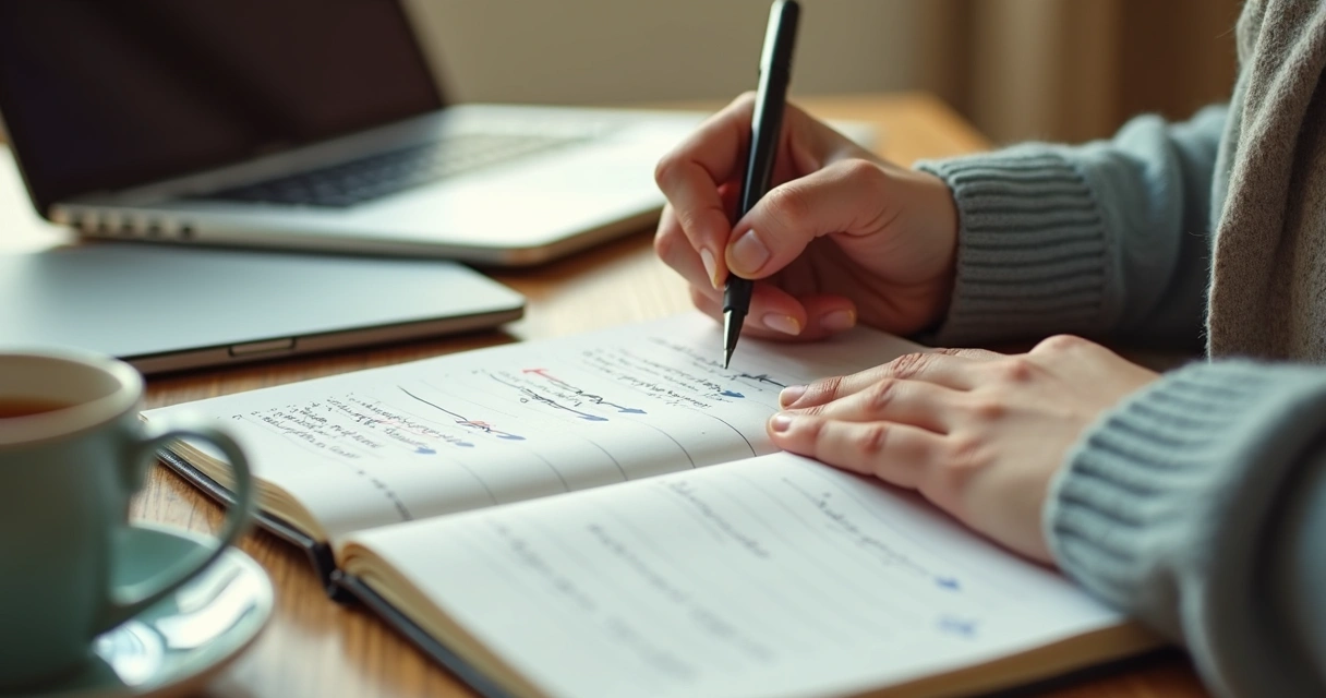 Persona escribiendo notas de reflexión en un escritorio 