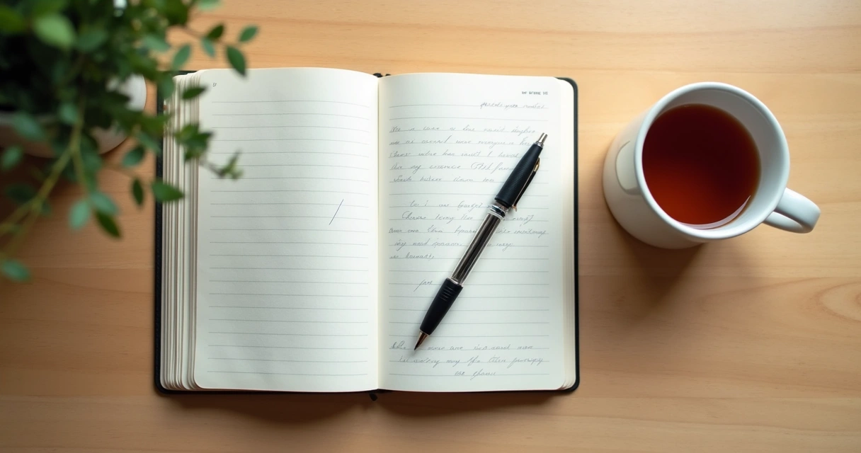 Cuaderno abierto con notas de reflexión y una taza sobre un escritorio 