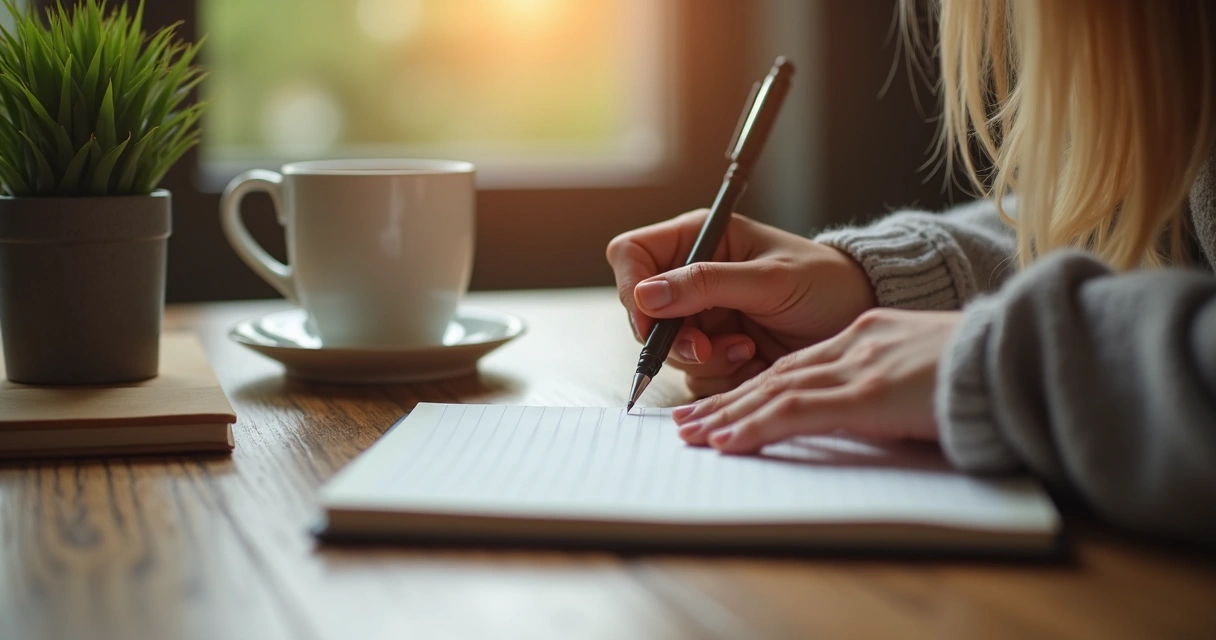 Manos de una persona escribiendo en cuaderno en ambiente tranquilo