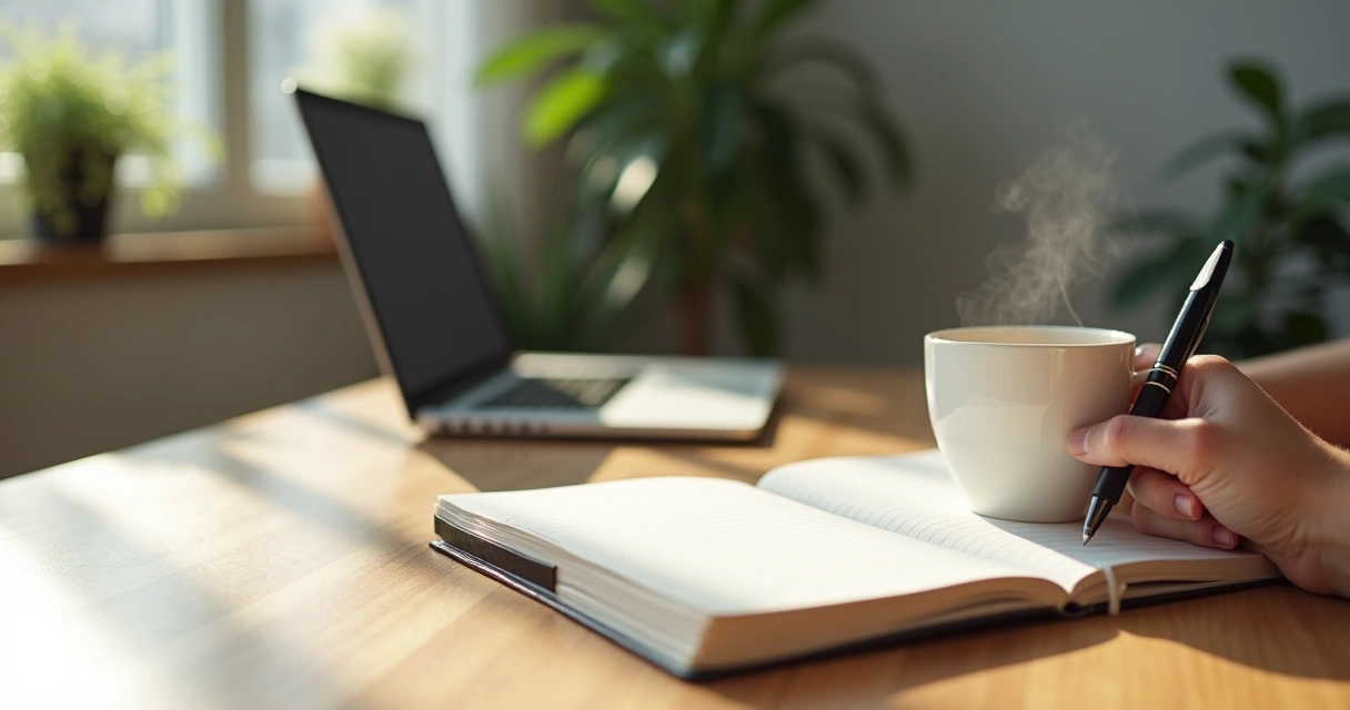 Persona escribiendo en un cuaderno junto a una taza en un ambiente tranquilo 