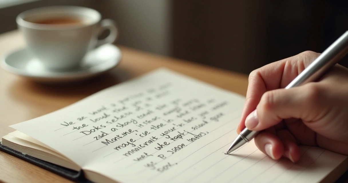 Mano escribiendo reflexiones en un cuaderno sobre una mesa