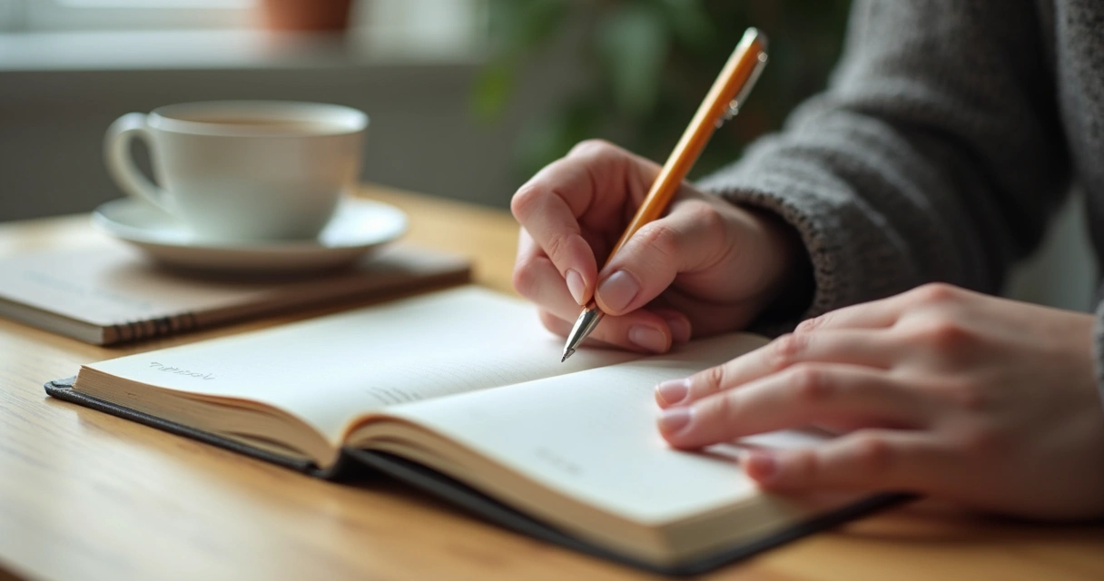 Cuaderno abierto con una mano escribiendo en silencio 