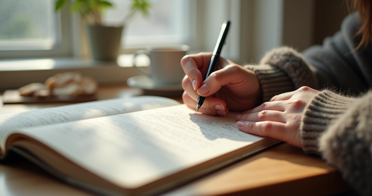 Cuaderno abierto con una persona escribiendo en silencio junto a una ventana