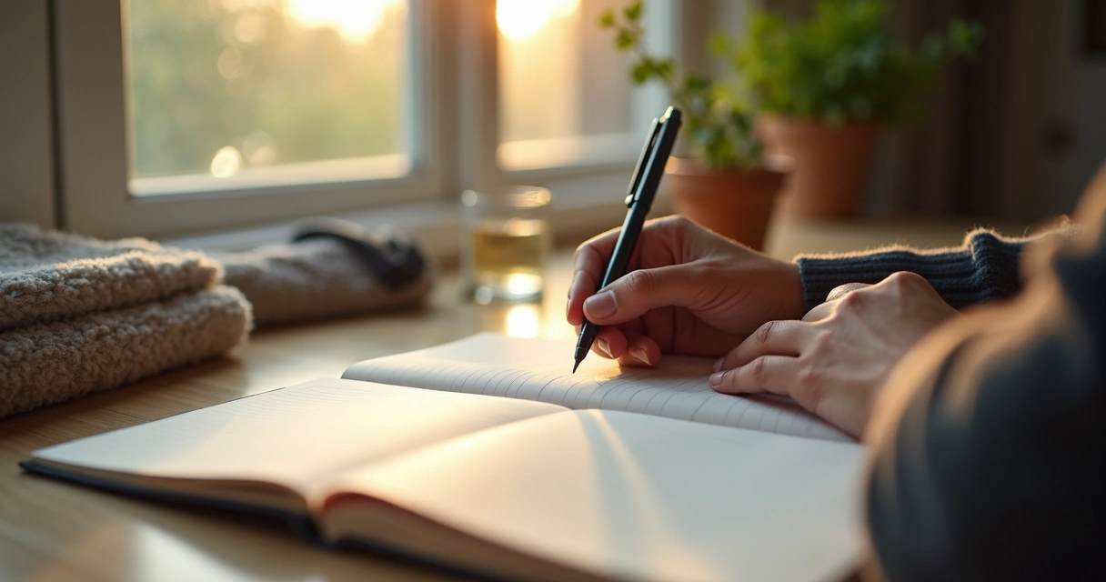 Cuaderno abierto con persona escribiendo en silencio junto a una ventana 