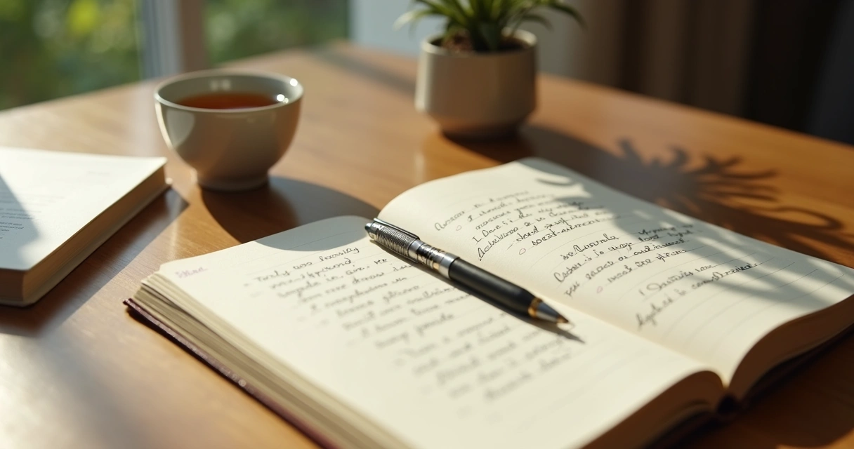 Cuaderno abierto con escritura reflexiva y taza en mesa 