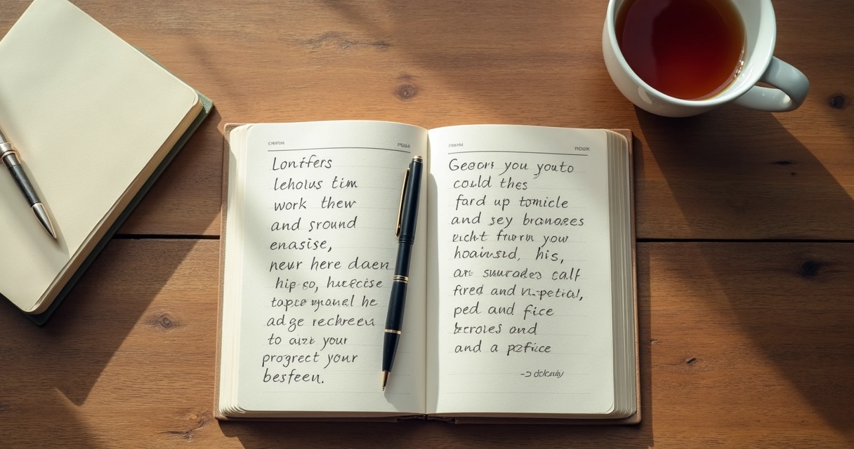 Cuaderno abierto con notas de reflexión y una taza de té 