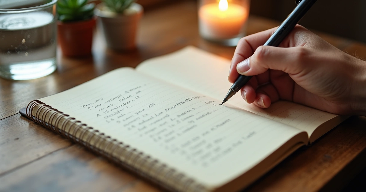 Cuaderno abierto con escritura reflexiva y una mano sosteniendo un bolígrafo 