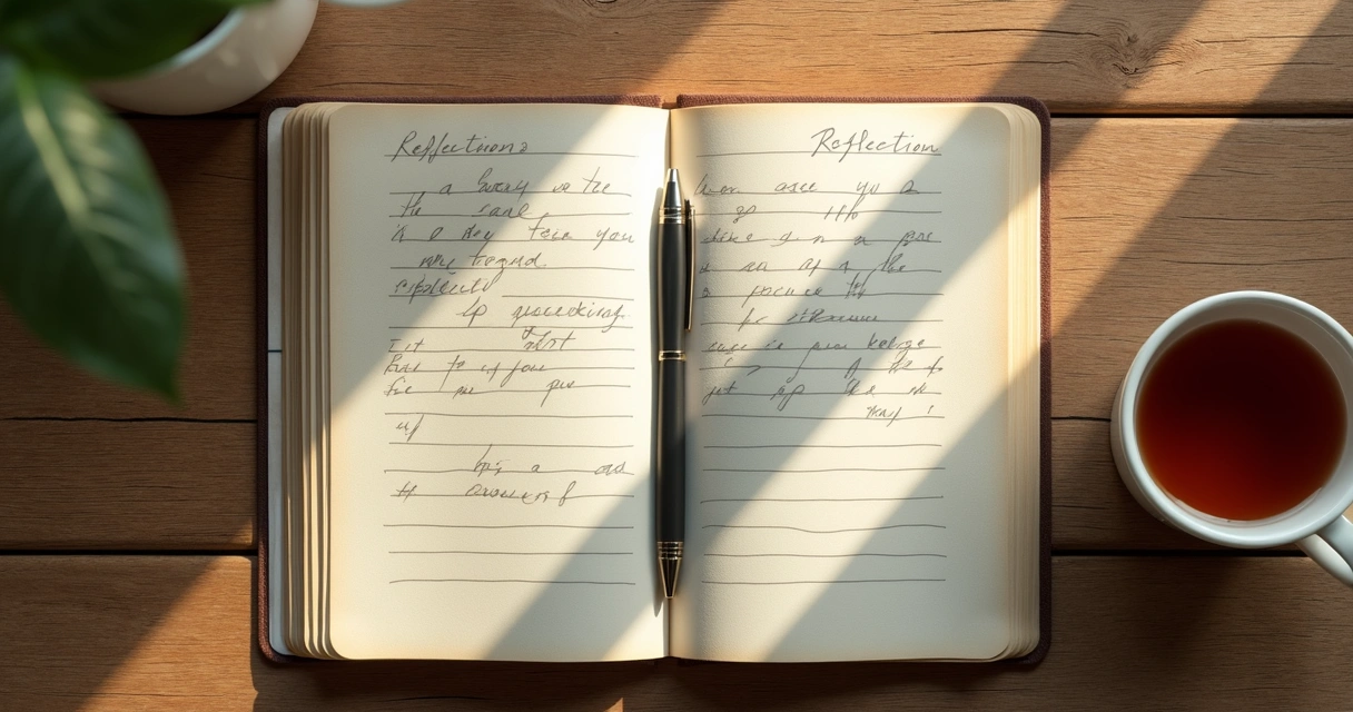 Cuaderno abierto con notas y taza sobre mesa tranquila 