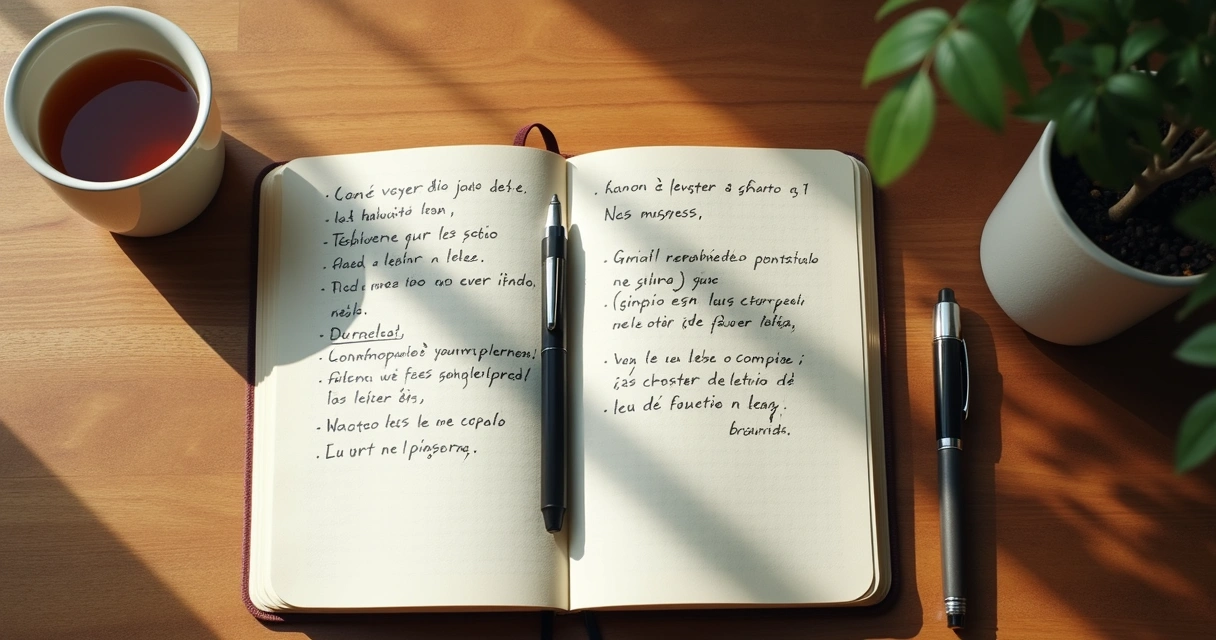 Cuaderno abierto con escritura reflexiva junto a una taza de té 
