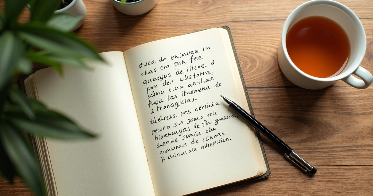 Cuaderno abierto con escritura reflexiva y taza de té