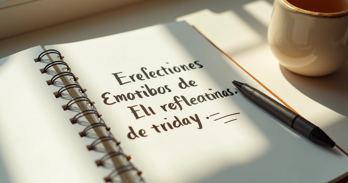 Cuaderno abierto con notas emocionales y una taza sobre escritorio claro 