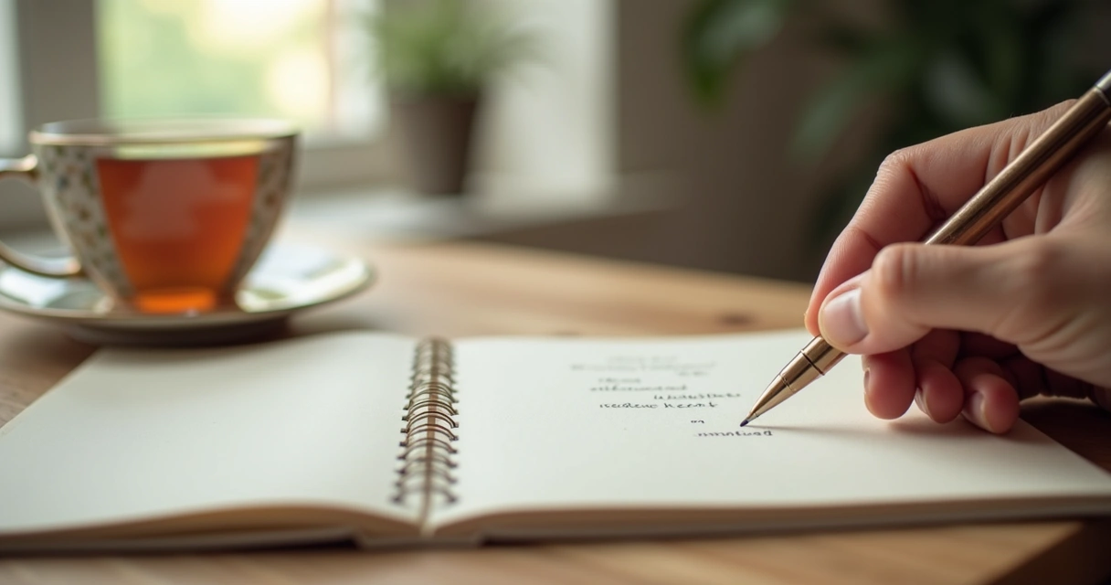 Cuaderno abierto con mano escribiendo junto a una taza