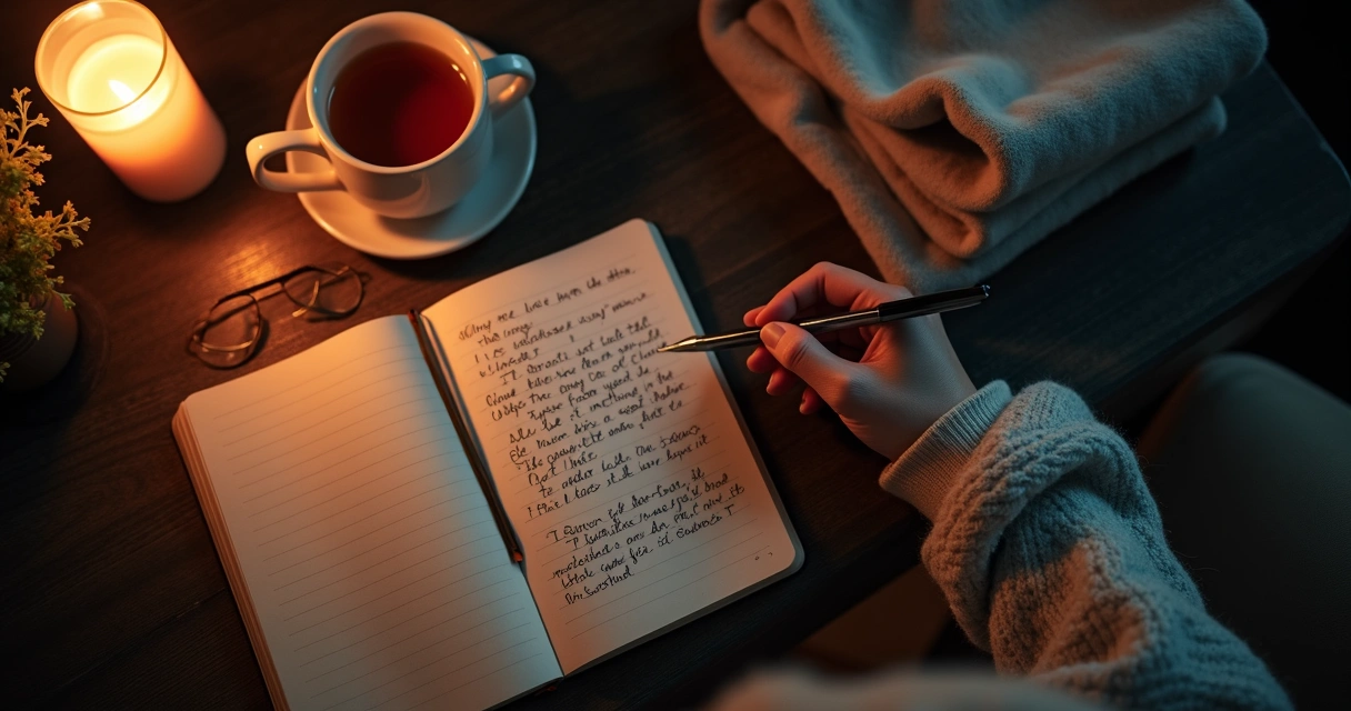 Cuaderno abierto con notas de reflexión junto a una vela y una taza 