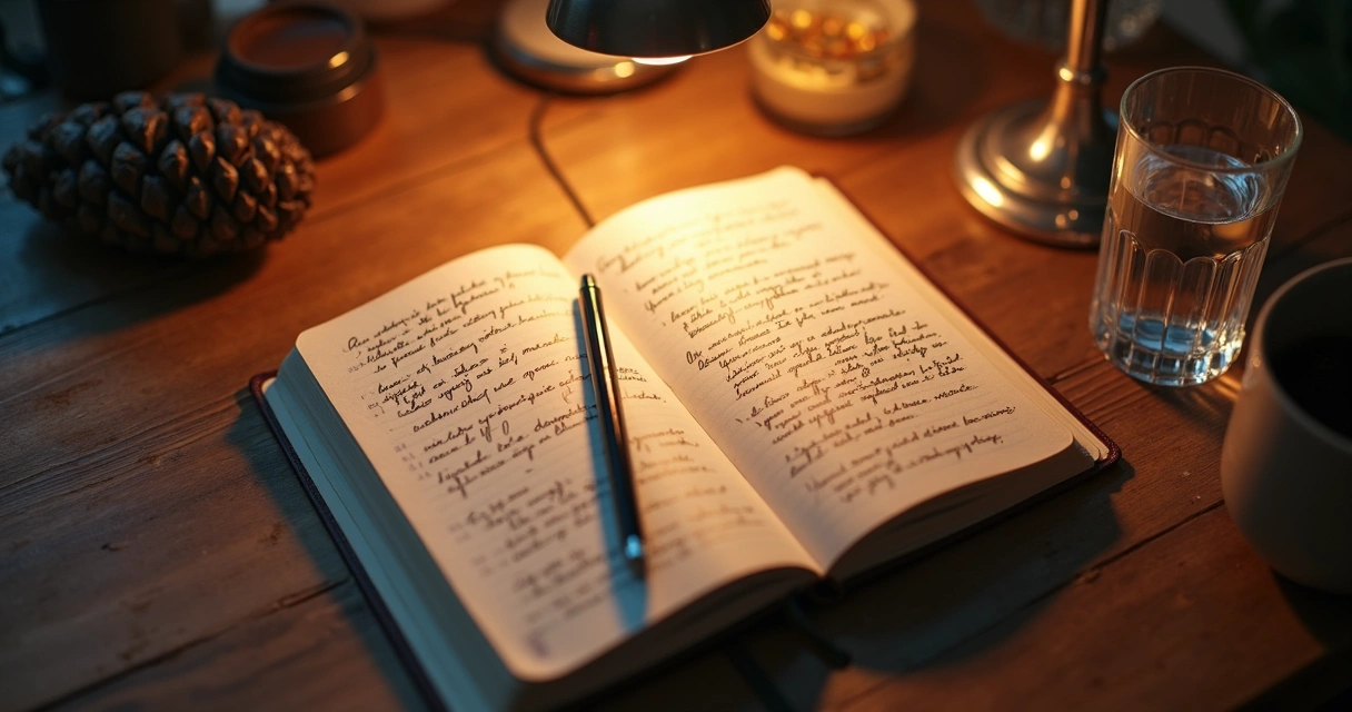 Cuaderno abierto con notas junto a una lámpara cálida