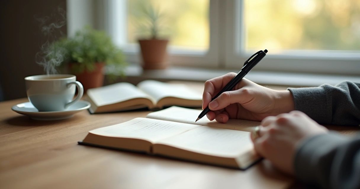 Persona escribiendo en un cuaderno junto a una ventana con luz suave 