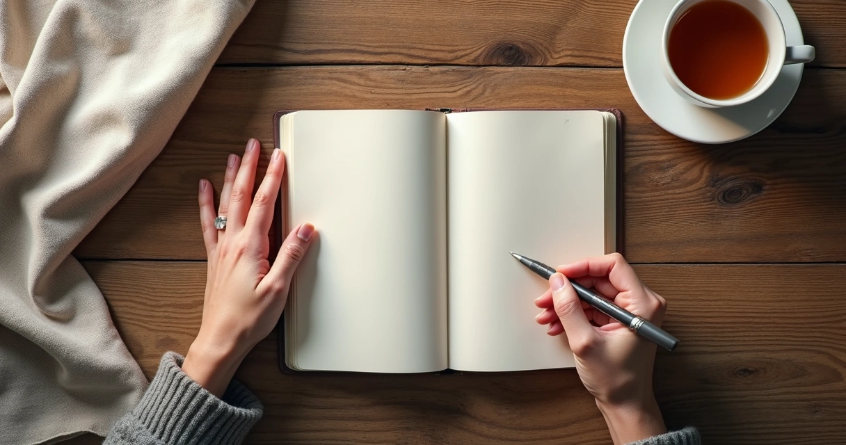 Cuaderno abierto, taza y mano escribiendo en un escritorio de madera