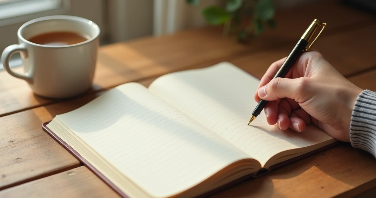 Cuaderno abierto junto a una taza y una mano escribiendo sobre sensaciones corporales