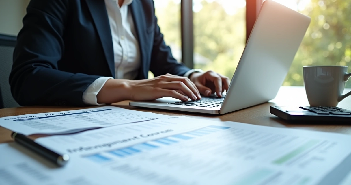 Pessoa digitando dados fiscais em notebook com papéis e caneta ao lado 