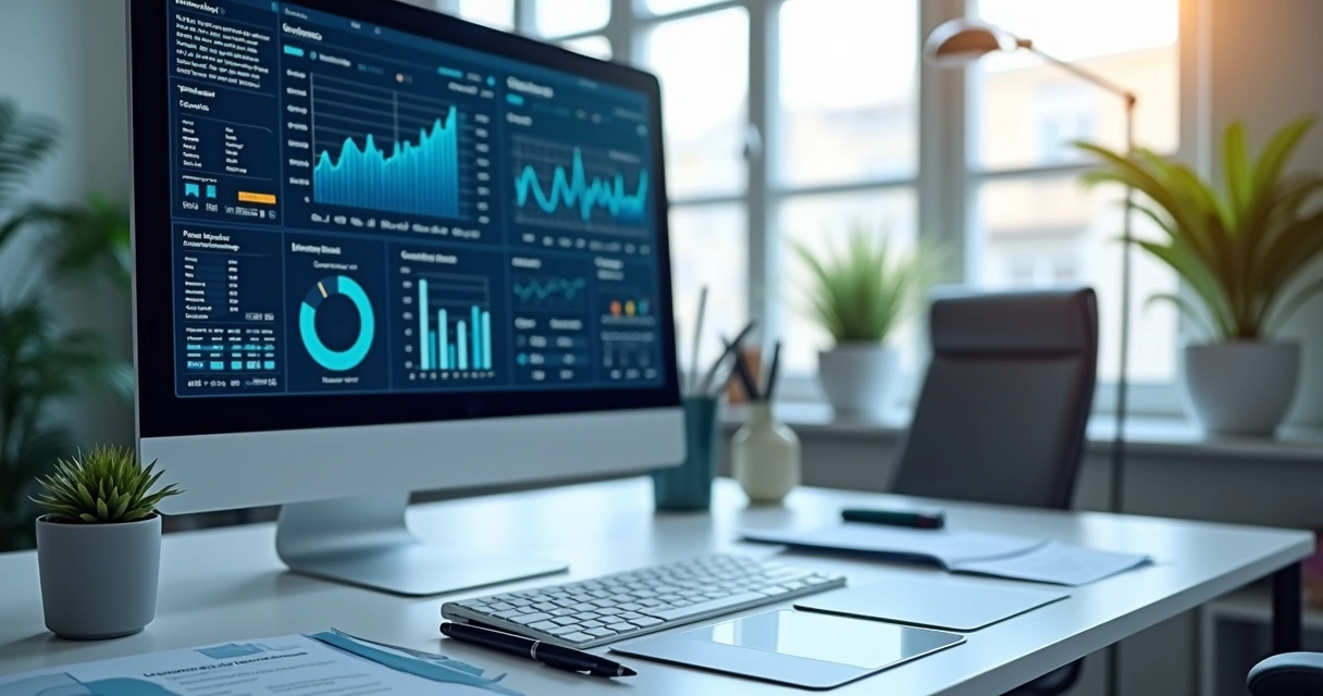 Computador moderno exibindo software de escrituração digital contábil com gráficos e documentos fiscais na tela 