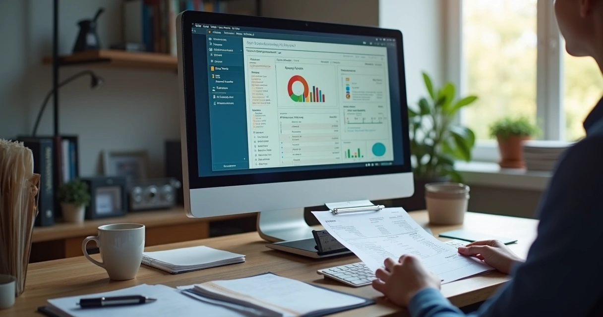 Sistema digital de escrituração contábil sendo usado em um escritório de e-commerce