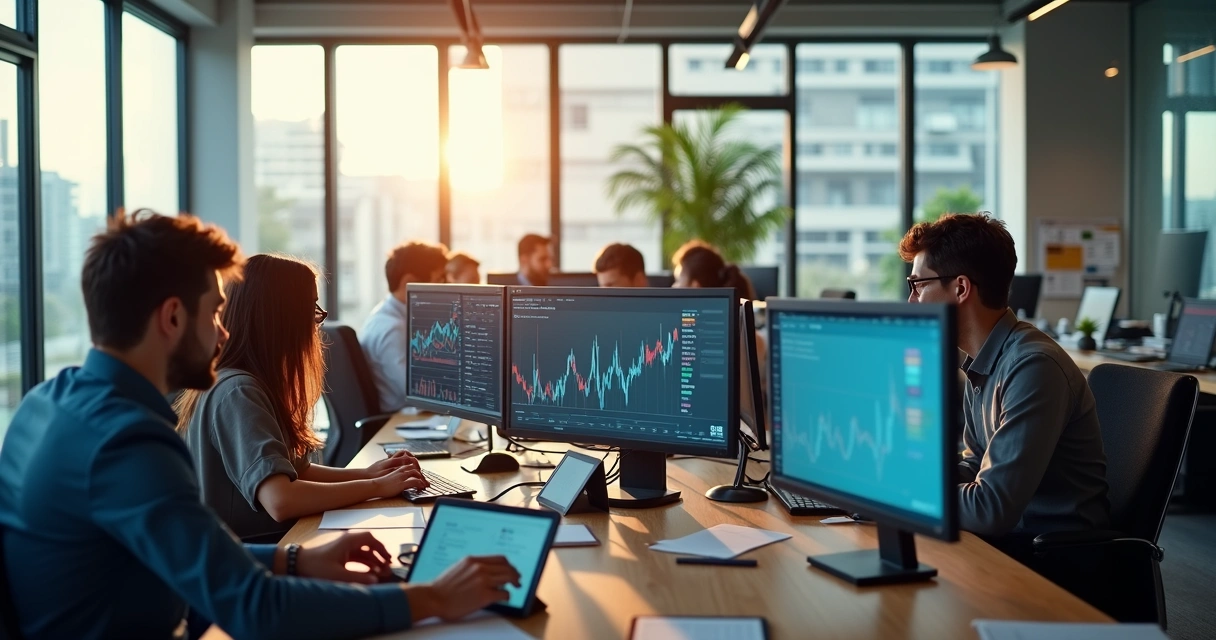 Sala de escritório com computadores e telas exibindo gráficos financeiros e documentos digitais