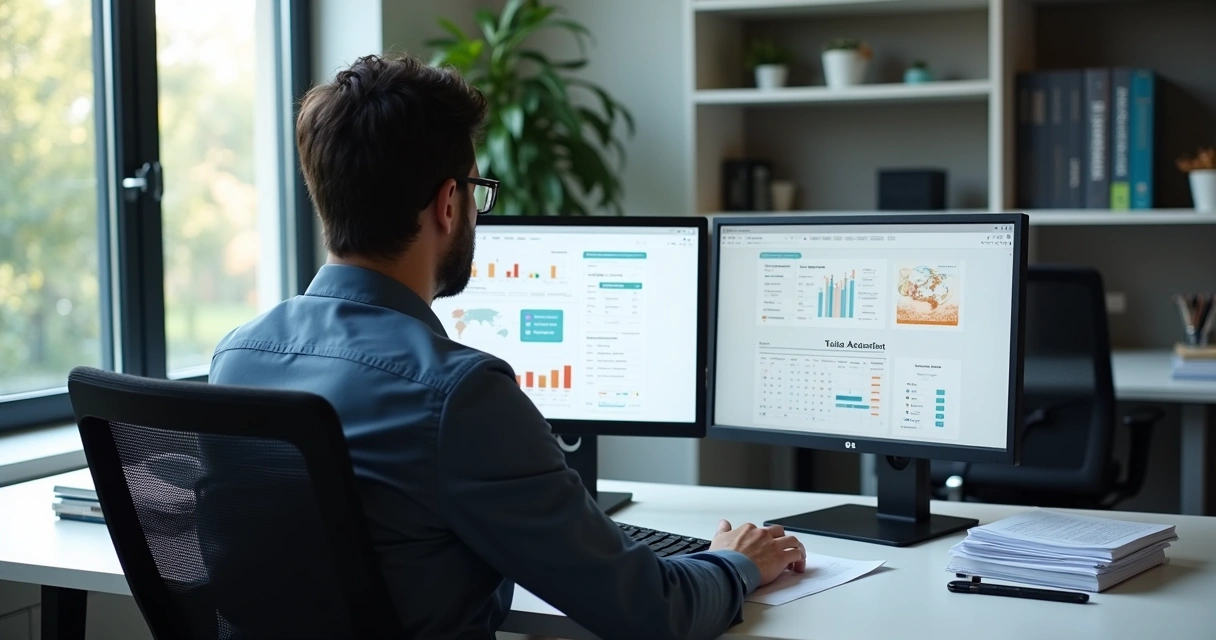 Visão detalhada de um contador trabalhando em ambiente digital com planilhas e certificados digitais 