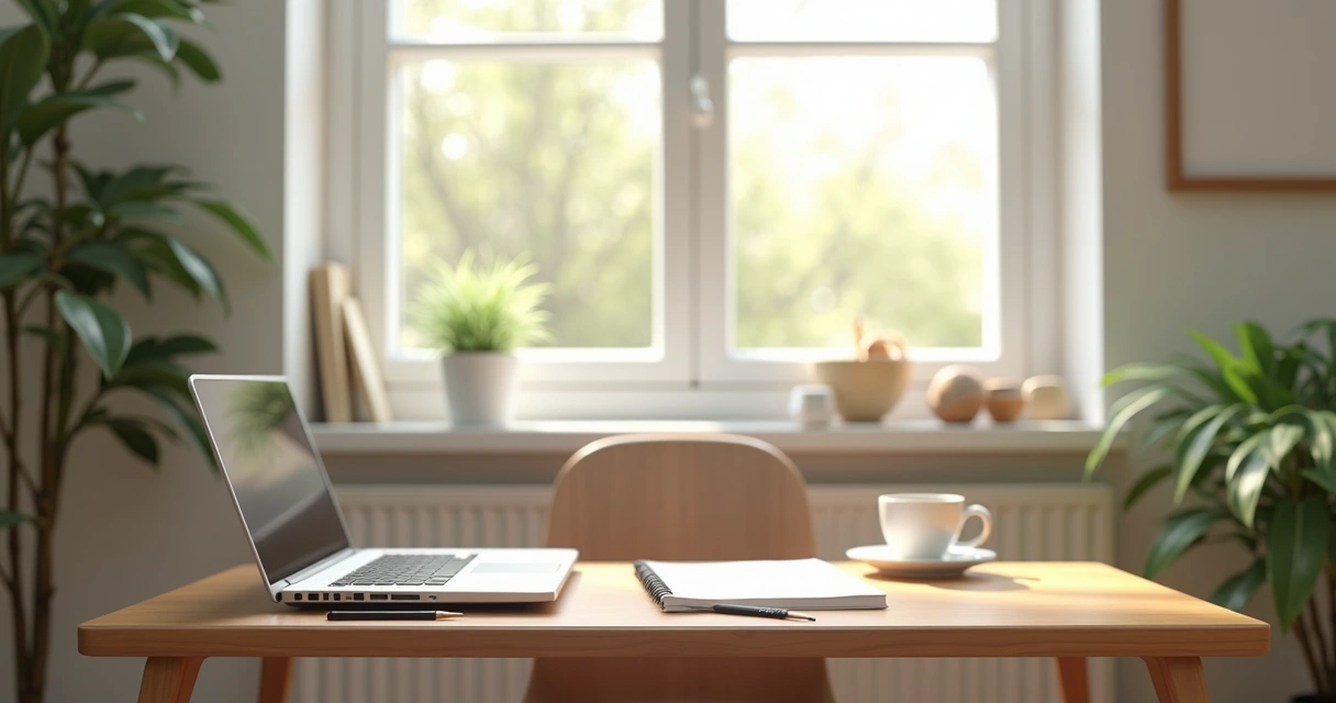 Escrivaninha organizada de estudante com luz natural entrando pela janela