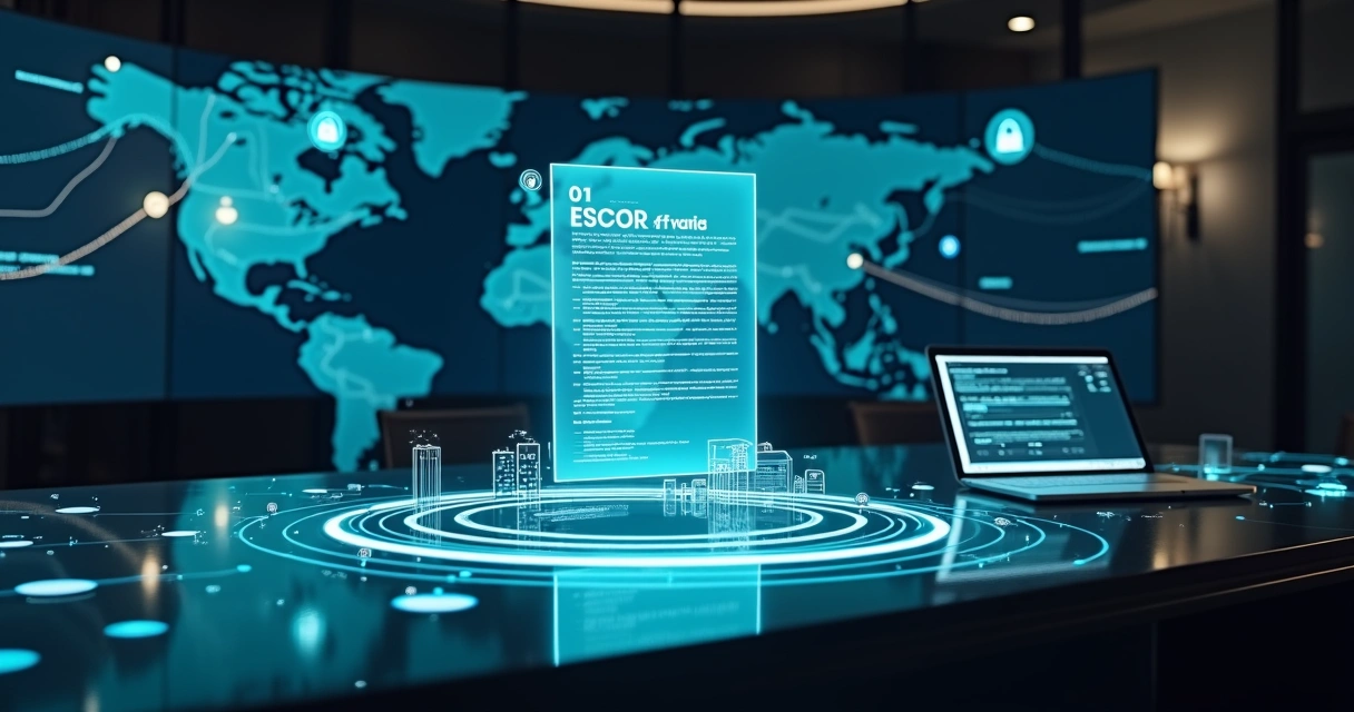 Contrato digital de escrow sendo protegido por camadas de segurança em um ambiente tecnológico internacional 