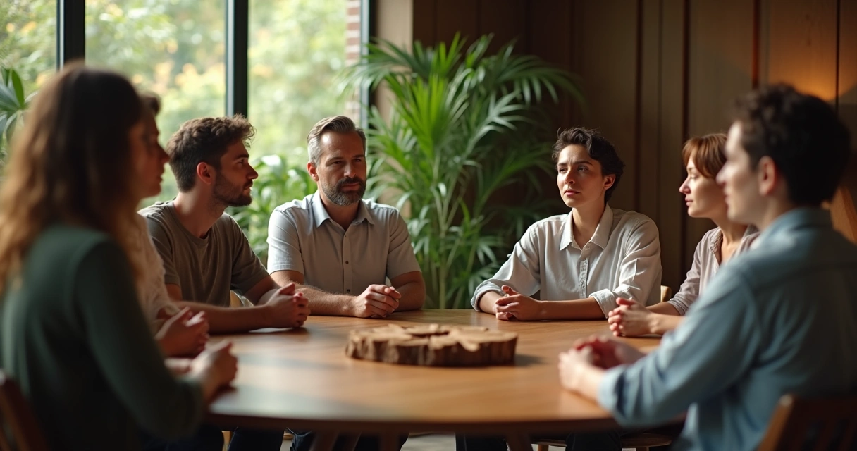 Persona hablando mientras otros la escuchan atentamente en un círculo