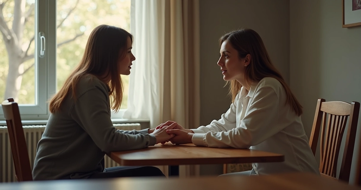 Dos personas conversando con atención en una mesa 