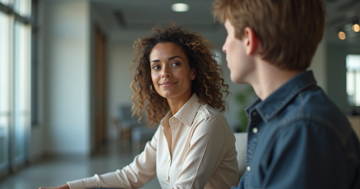 Dos personas conversando en un entorno tranquilo, una escucha atentamente y la otra se muestra pensativa