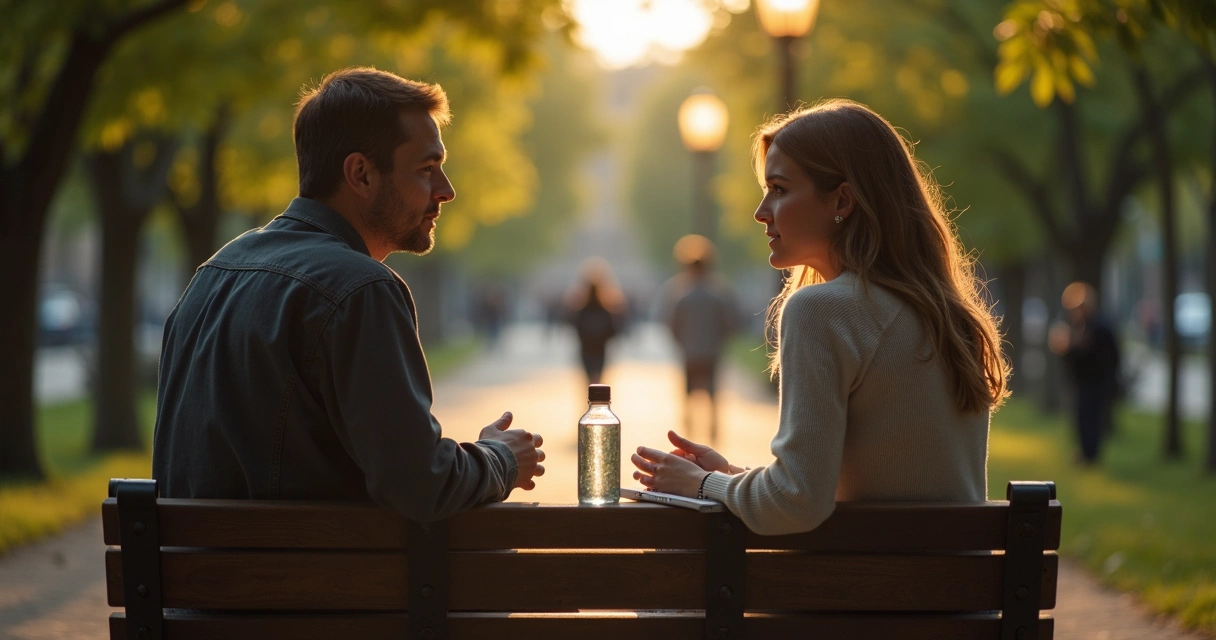 Dos personas conversan en un banco del parque con gesto atento y respetuoso 