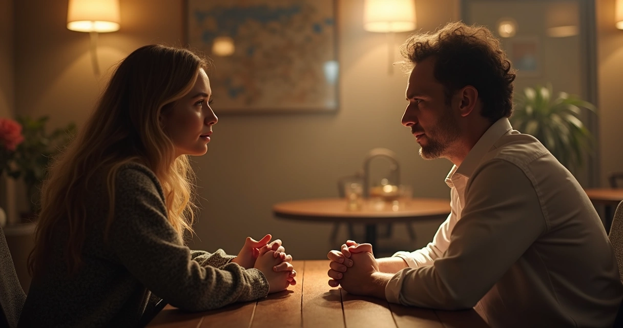 Dos personas sentadas frente a frente hablando y escuchando atentamente 