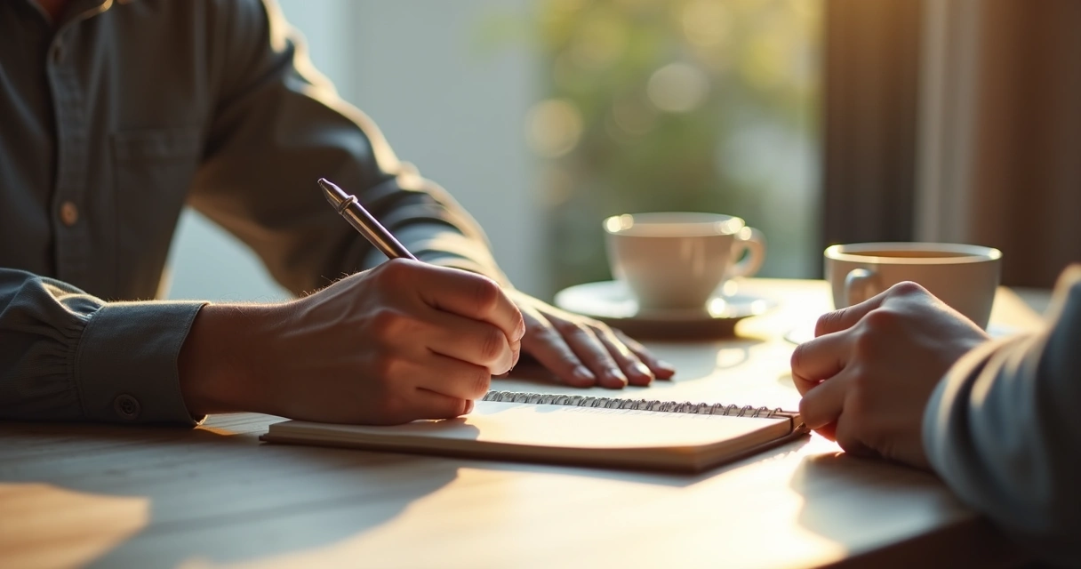 Persona escribiendo mientras escucha en una conversación tranquila