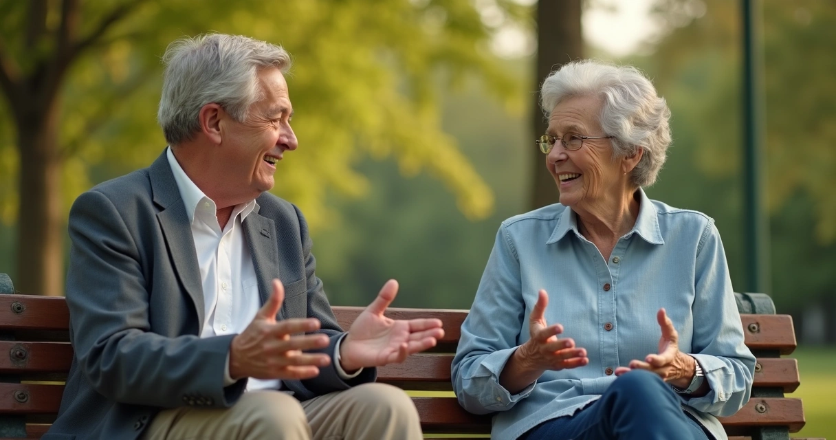 Dos personas conversando con escucha activa en un banco 
