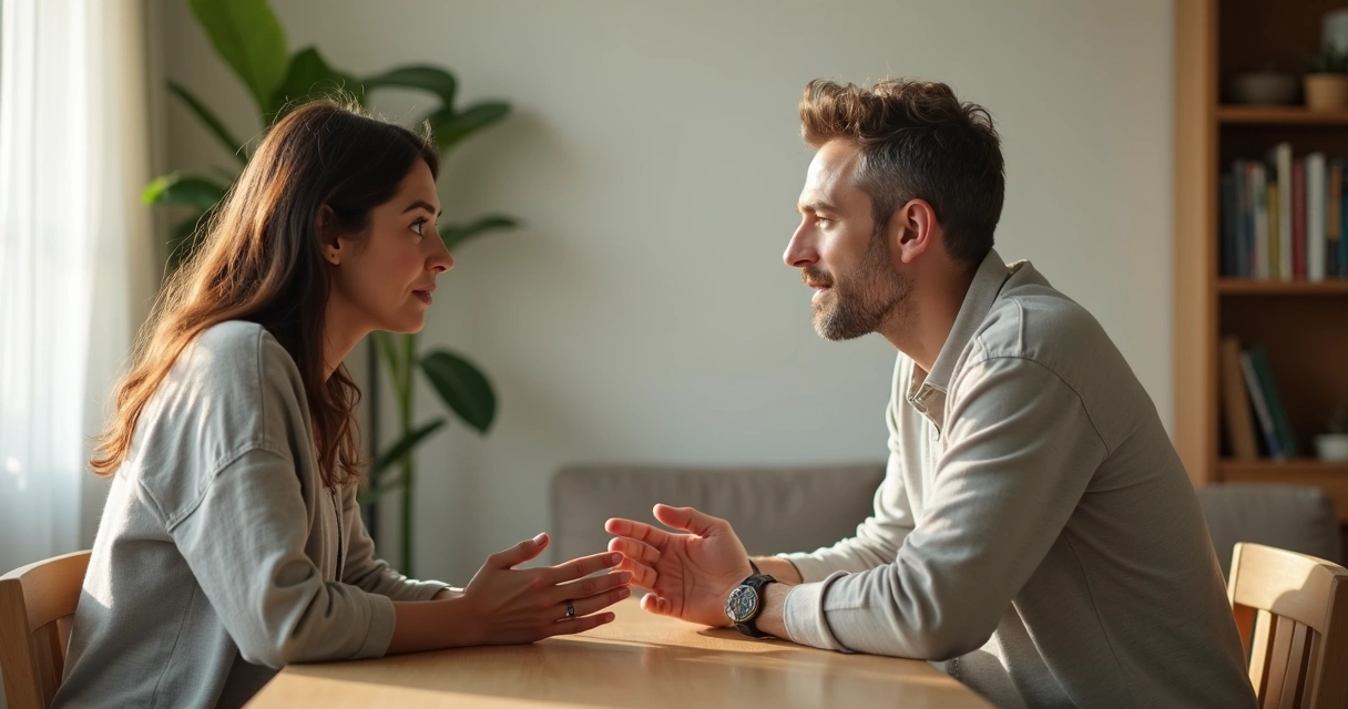 Dos personas conversan con atención y calma en un entorno luminoso 