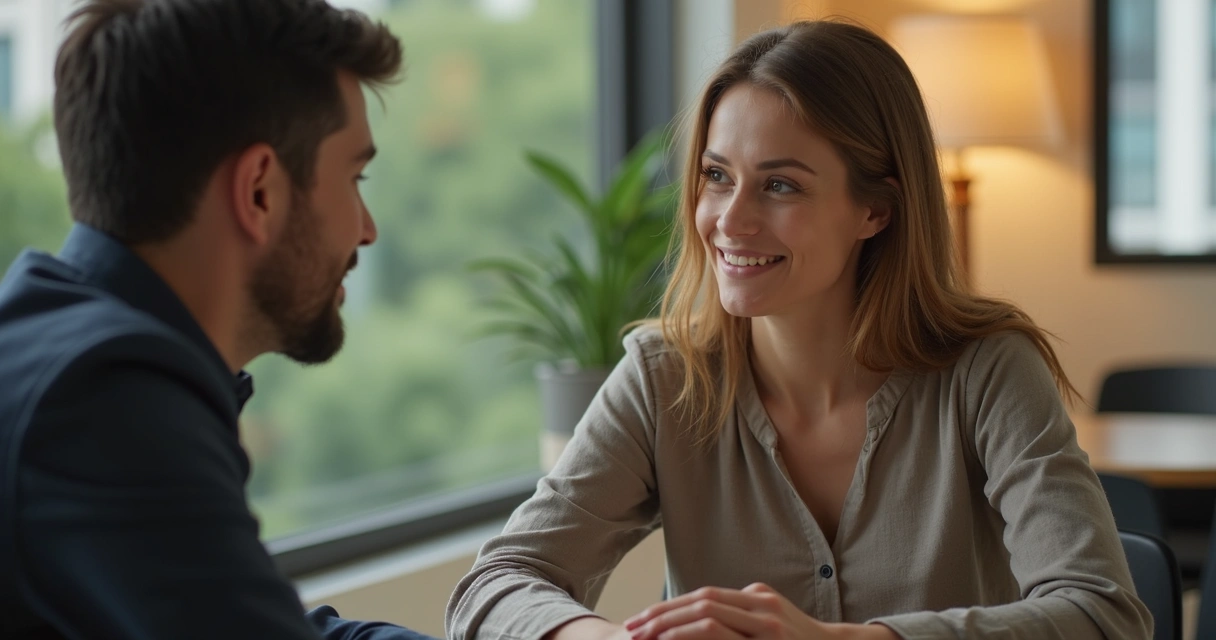 Persona escuchando atentamente a otra en una oficina, expresión de comprensión en el rostro 