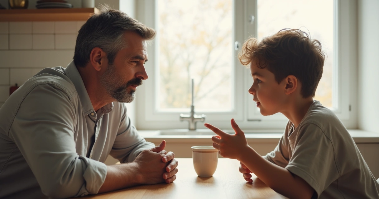Padre e hijo practicando escucha activa sentados a la mesa 