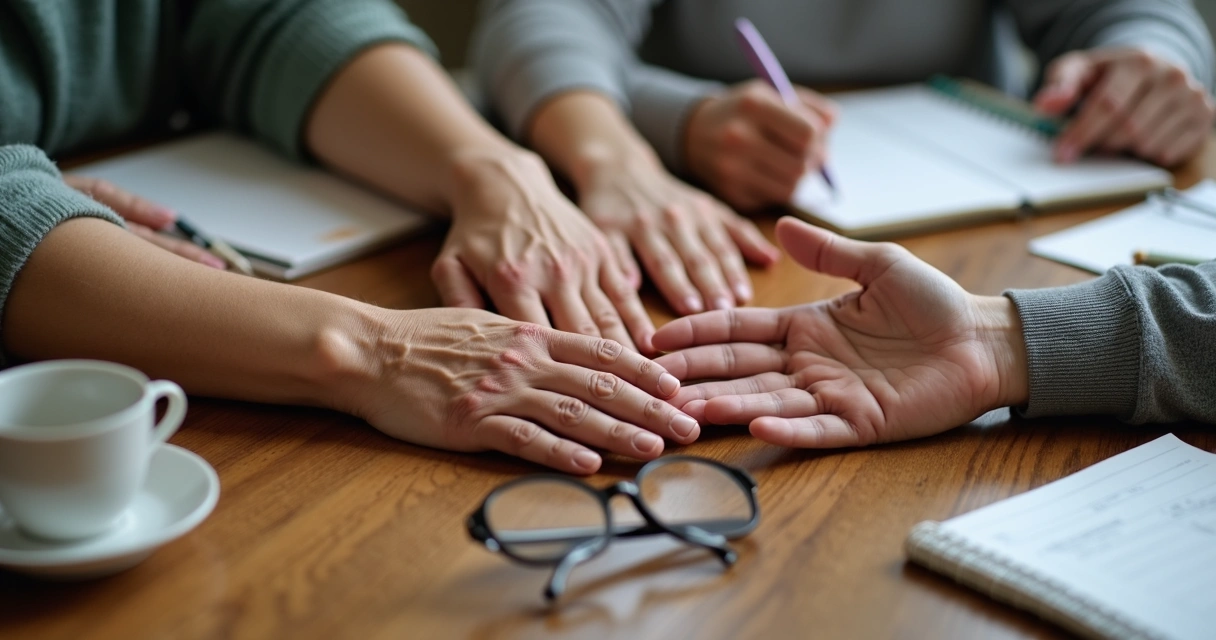 Manos de personas de distintas edades unidas sobre una mesa 