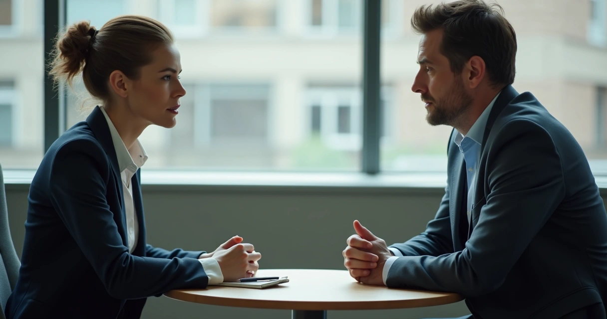 Dos personas sentadas frente a frente, una escuchando atentamente a la otra en ambiente profesional 