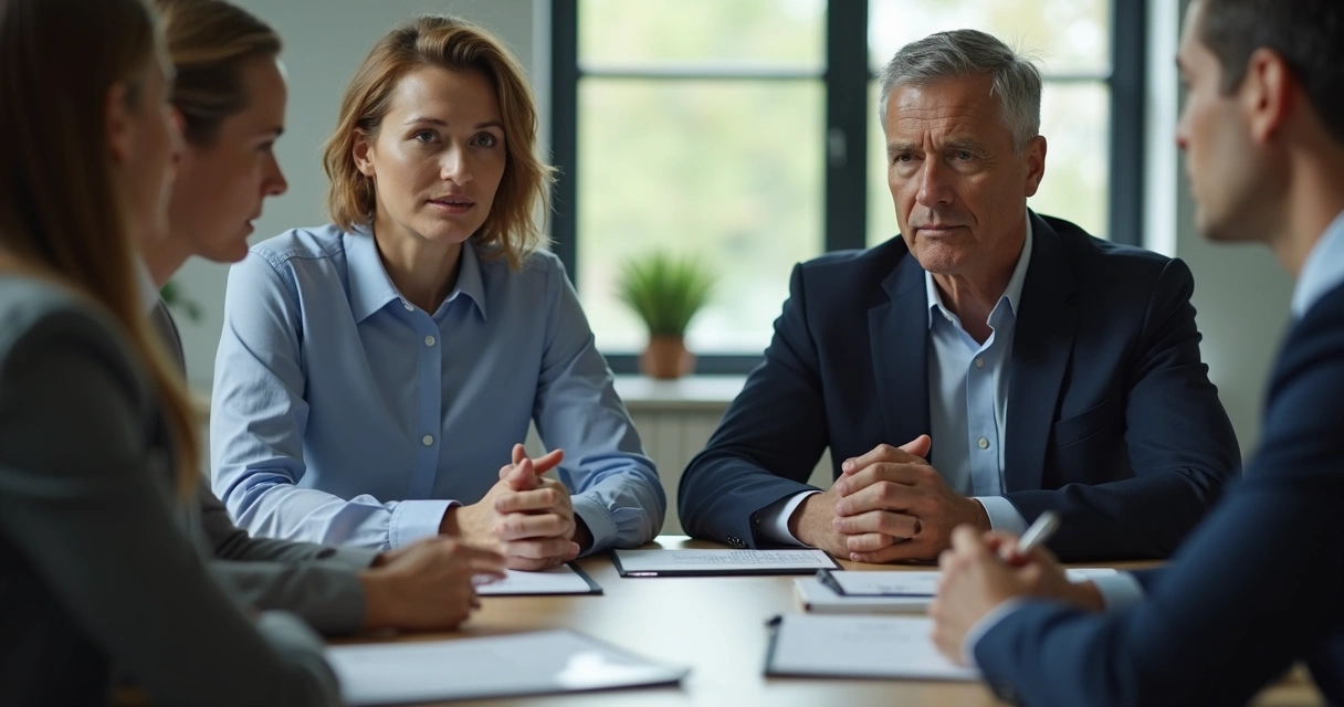 Líder escucha atentamente a un colega en una reunión. 