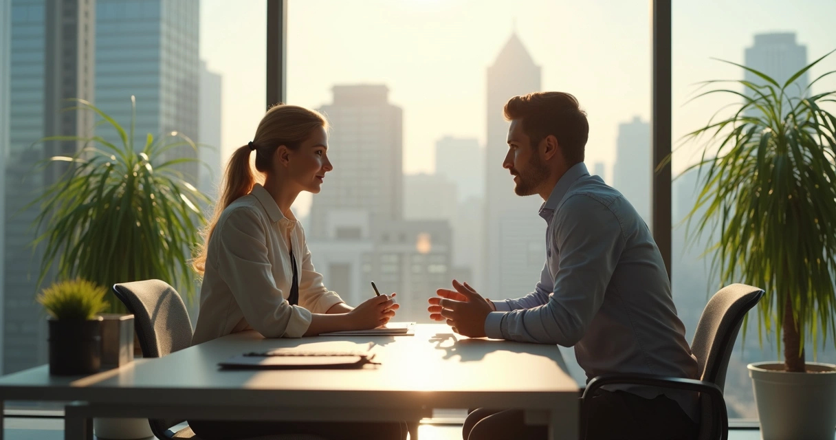 Escucha activa entre jefa y empleado en oficina 