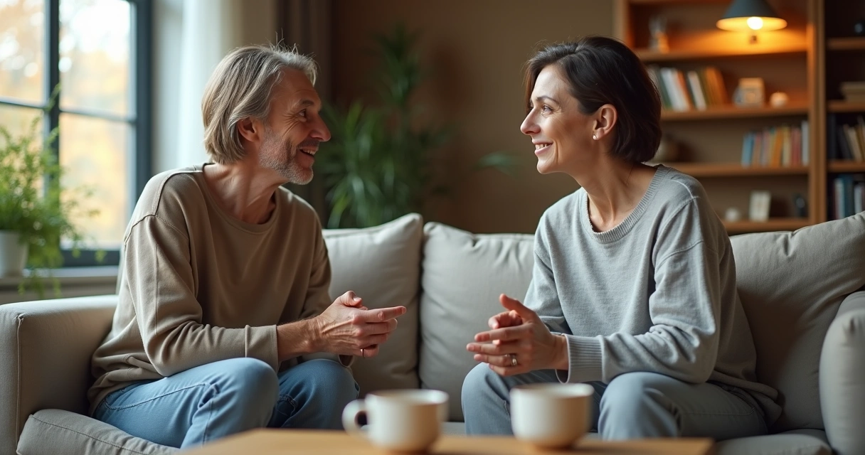 Pareja sentada en un sofá practicando escucha activa en una conversación tranquila 