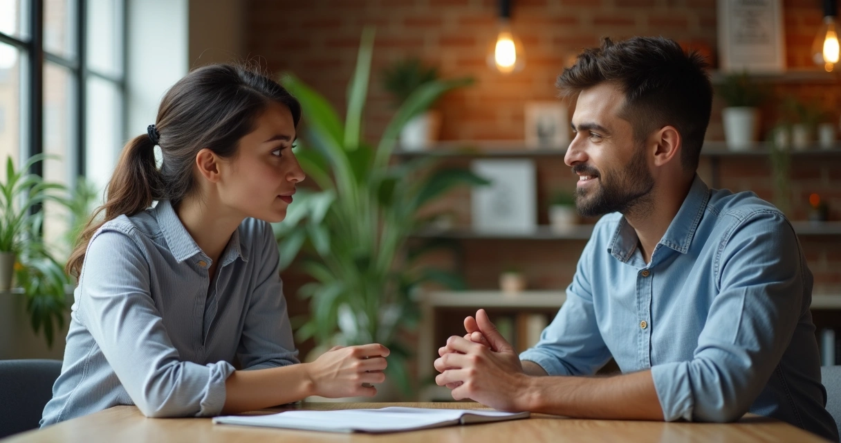 Dos colegas de trabajo en conversación sin interrumpirse 