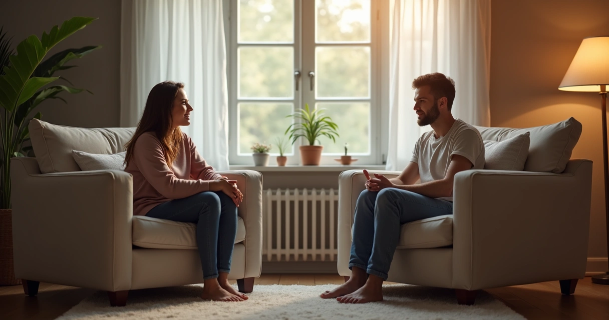 Dos personas conversando en una sala tranquila, una de ellas escucha atentamente a la otra 
